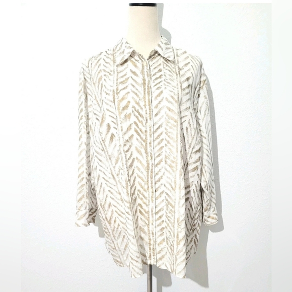 Lauren Ralph Lauren Plus Size 2XL 100% Linen Button Front Top Tunic Gold White - Picture 1 of 12